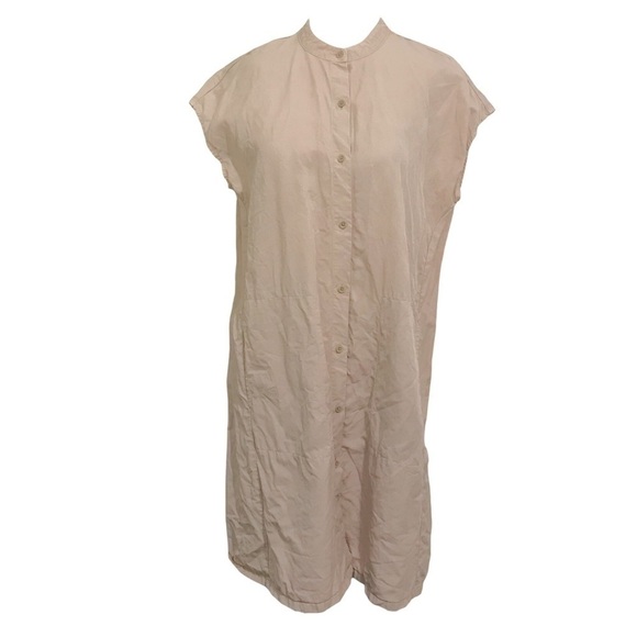 Eileen Fisher Linen Blend Mandarin Collar Shirtdress in Khaki Size Medium - Picture 2 of 8